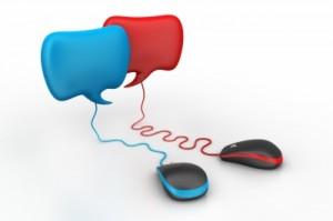 Two computer mice in discussion